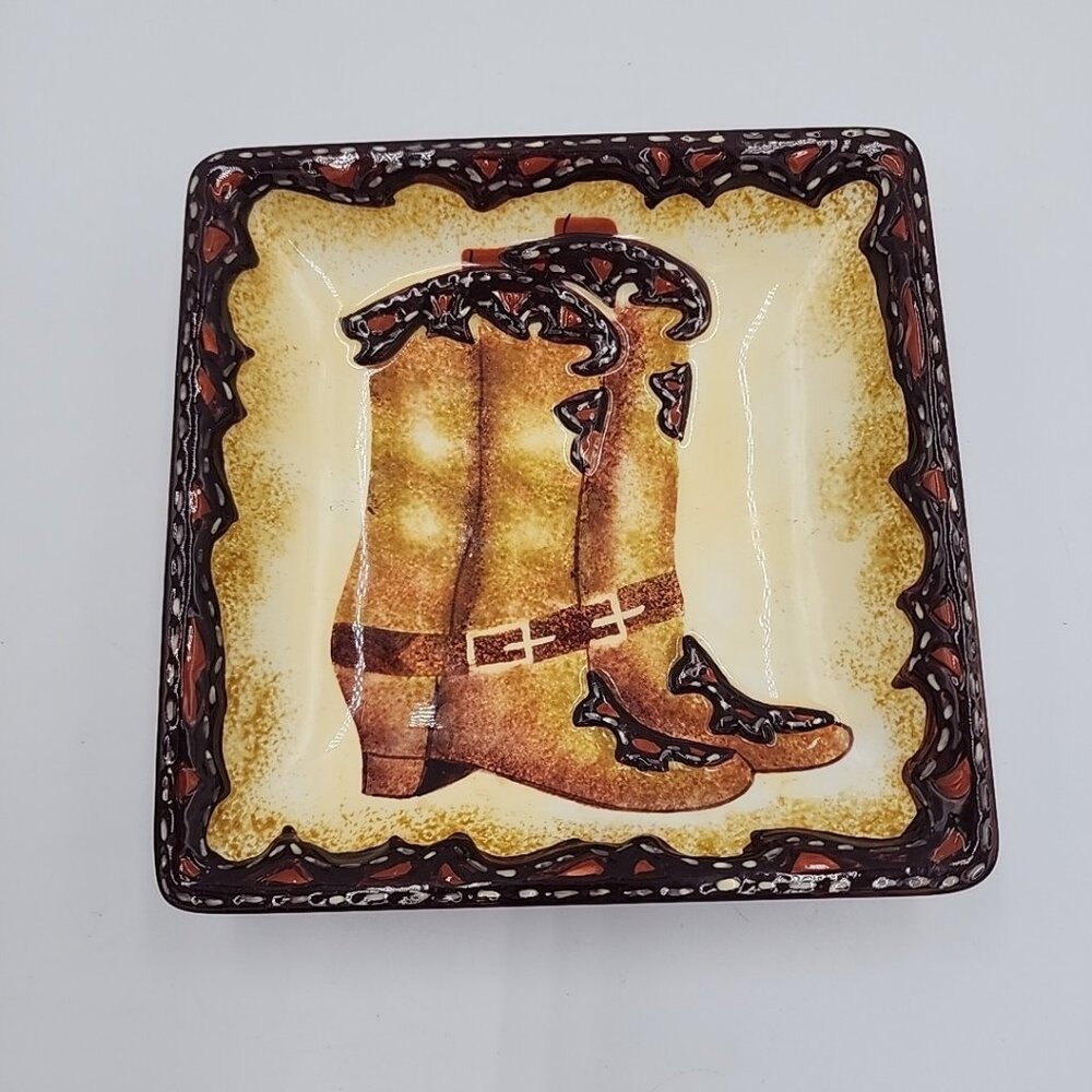 Clay Art 6.5” Western Cowboy Boot Appetizer Salad Snack Dip Dish Ceramic